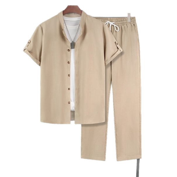 Men's Clothing New Spring And Summer Men's Short Sleeved Shirt Trousers Suit Men's Casual Stand Up Collar Shirt_viptrois.com