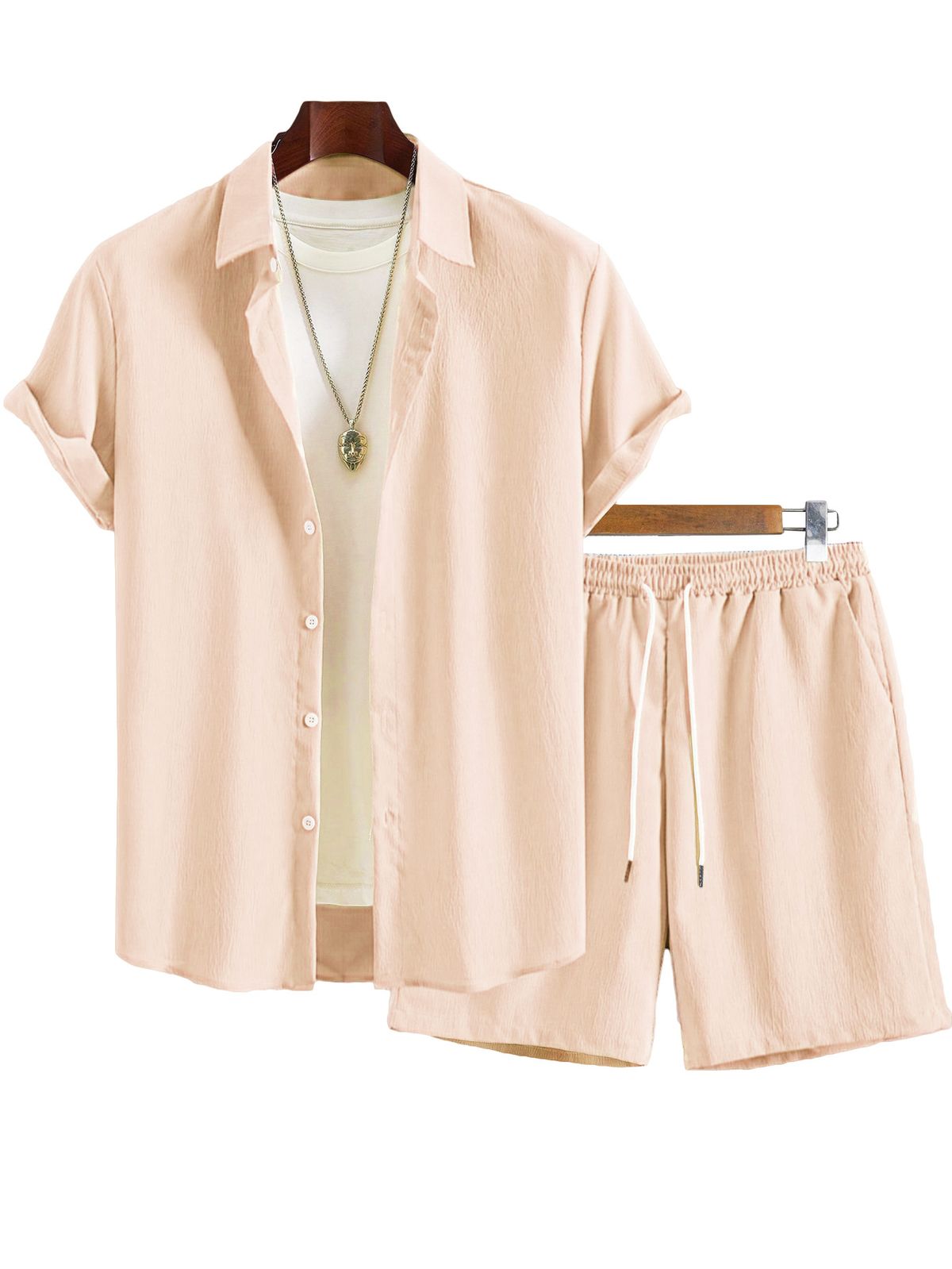 Men's Summer Solid Color Collared Short Sleeve Shirt Casual Drawstring Shorts Suit Set_viptrois.com