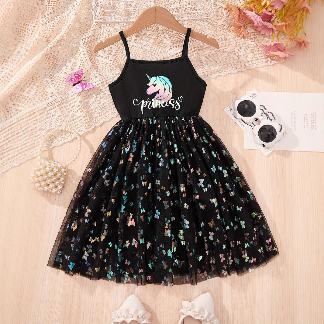 Mother & Kids INS Girls Butterfly Flower Print Mesh Splicing Children's Sling Jumpsuit Skirt_viptrois.com
