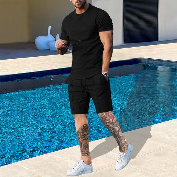 Clothing 2025 Summer Two-piece Short-sleeved T-shirt Casual Fashion Men's Shorts Multi-color Suit_viptrois.com