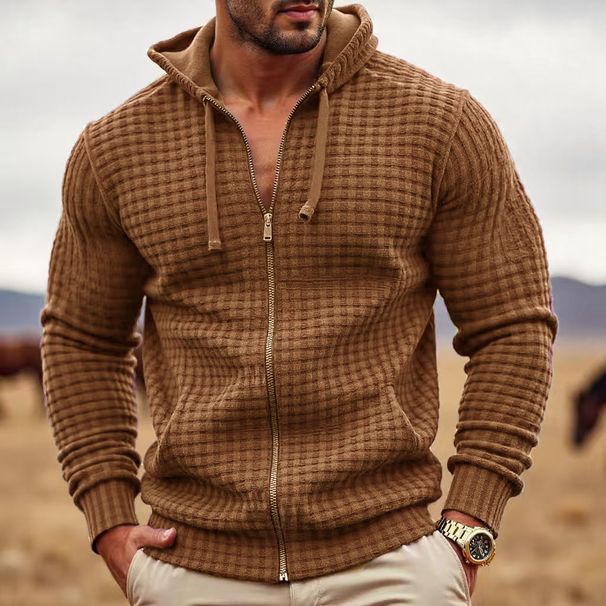 Men's Waffle-Knit Zip-Up Hoodie - Heavyweight Vintage Contrast Collar Streetwear Sweatshirt_viptrois.com
