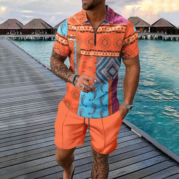 Men's Digital Print Short Sleeve Suit - Sporty Lapel Zipper Shirt & Matching Shorts Set | Summer Casual Outfit_viptrois.com