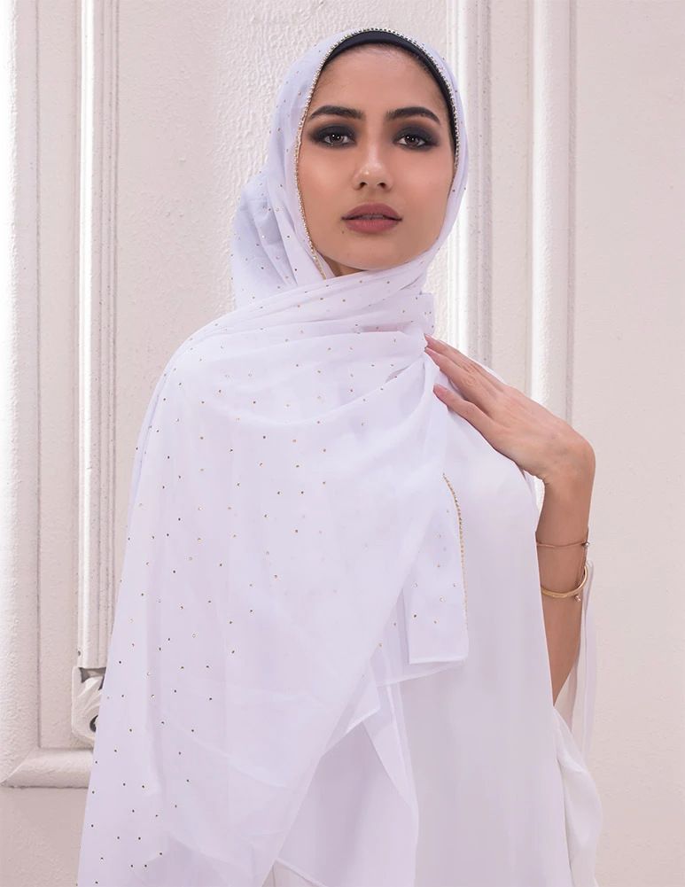 Unisex Monochrome pearl chiffon chain scarf Malay Indonesian hot drill chain scarf covering head gauze scarf_viptrois.com