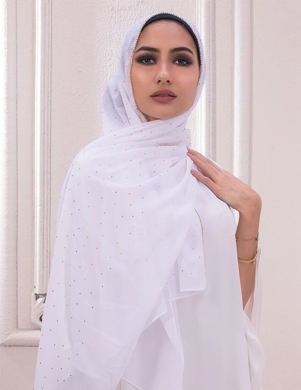 Unisex Monochrome pearl chiffon chain scarf Malay Indonesian hot drill chain scarf covering head gauze scarf_viptrois.com
