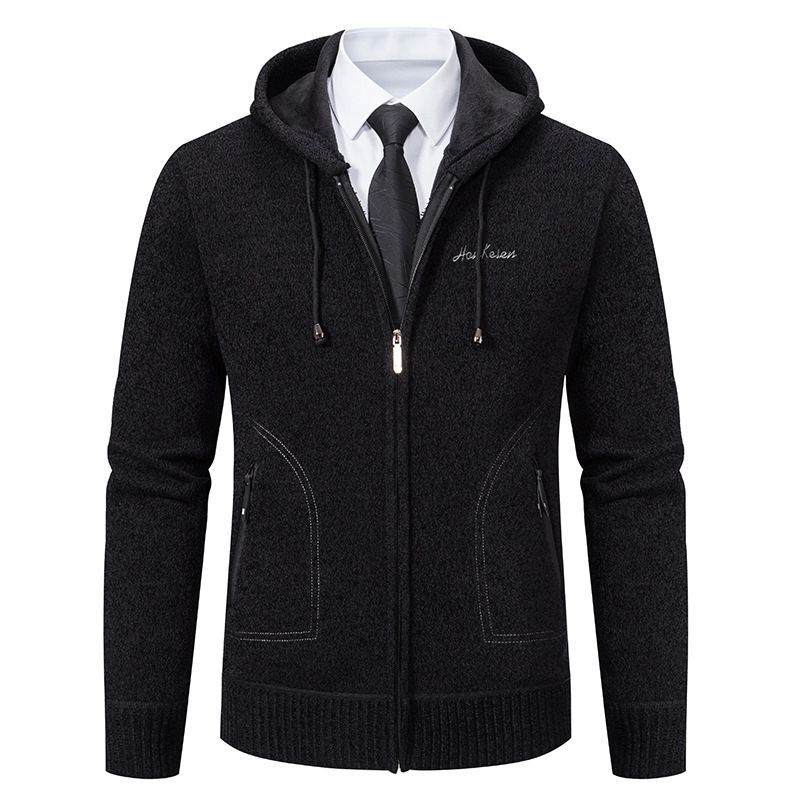 Men's Clothing Men's Fleece-Lined Hooded Sweater - Winter Knit Jacket (Black/Charcoal/Navy/Brown/Light Grey, M-3XL)_viptrois.com