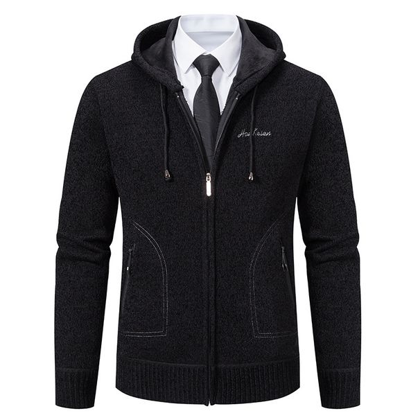 Men's Clothing Men's Fleece-Lined Hooded Sweater - Winter Knit Jacket (Black/Charcoal/Navy/Brown/Light Grey, M-3XL)_viptrois.com