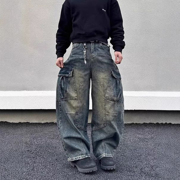 Men's Clothing Fashion Brand Heavyweight Multi Pocket Scimitar Jeans For Men And Women Street Blasting Old Washed Wide Leg Workwear Pants For Couples_viptrois.com