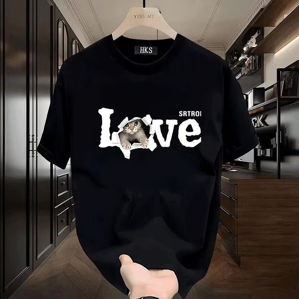 New Cotton Short Men's Trendy Brand Letter Printed Half Sleeved Summer Loose And Versatile Casual Round Neck Top_viptrois.com