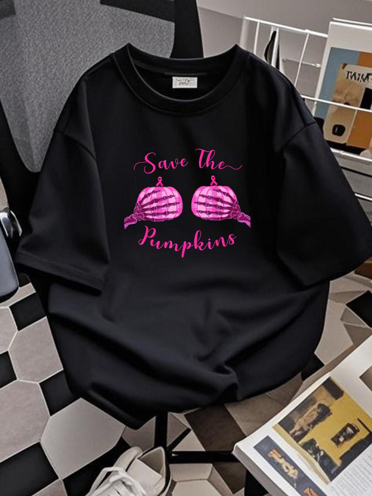 Save Your Pumpkins For Breast Cancer Awareness & Halloween T-Shirt Casual Designer Clothes Soft Print Round Neck Short Sleeve Unisex Women Breathable T-Shirt For Women Casual Female Comfortable Top For Everyday Wear Women Top Graphic Tees Summer_viptrois.com