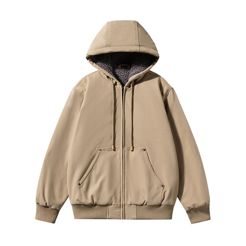 Men's Fleece-Lined Hooded Zip-Up Jacket - Winter Pullover Sweatshirt With Thermal Cotton Lining(Khaki/Light Grey/Black/Dark Green)_viptrois.com
