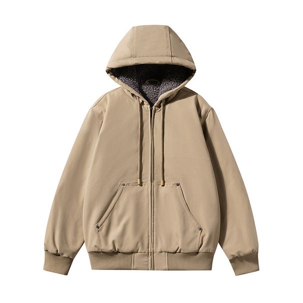 Men's Fleece-Lined Hooded Zip-Up Jacket - Winter Pullover Sweatshirt With Thermal Cotton Lining(Khaki/Light Grey/Black/Dark Green)_viptrois.com