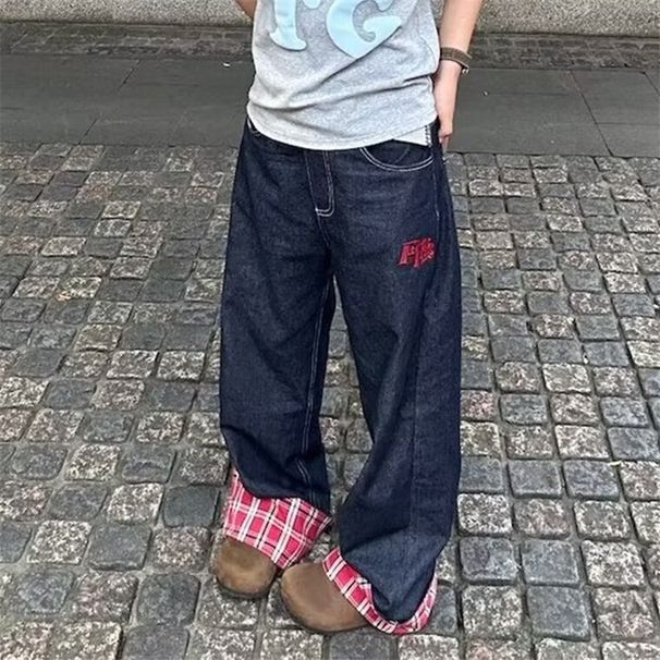 Trendy Brand Niche Grid Splicing Rolled Edge Jeans For Men And Women, Casual Straight Pants, American Style Leg Pants_viptrois.com