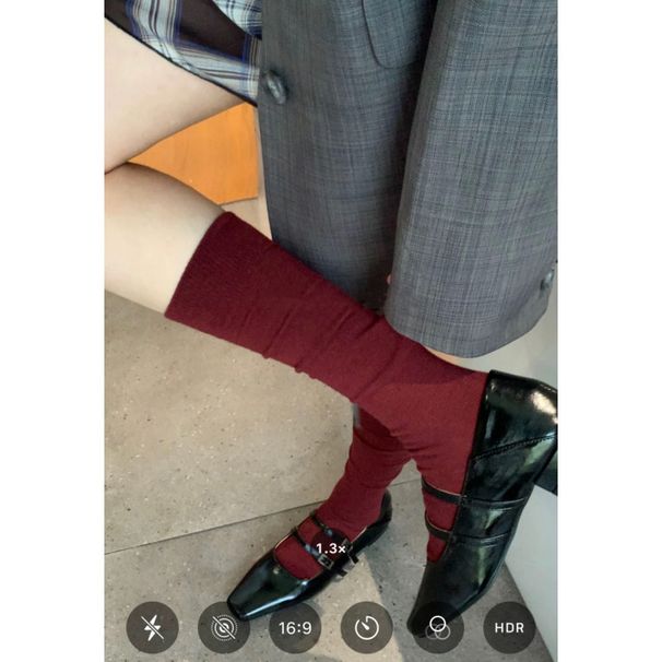 Ankola Red Socks Wine Red Mid Length Socks Women's Korean College Style Solid Color Pile Socks Calf Socks Pure Cotton_viptrois.com