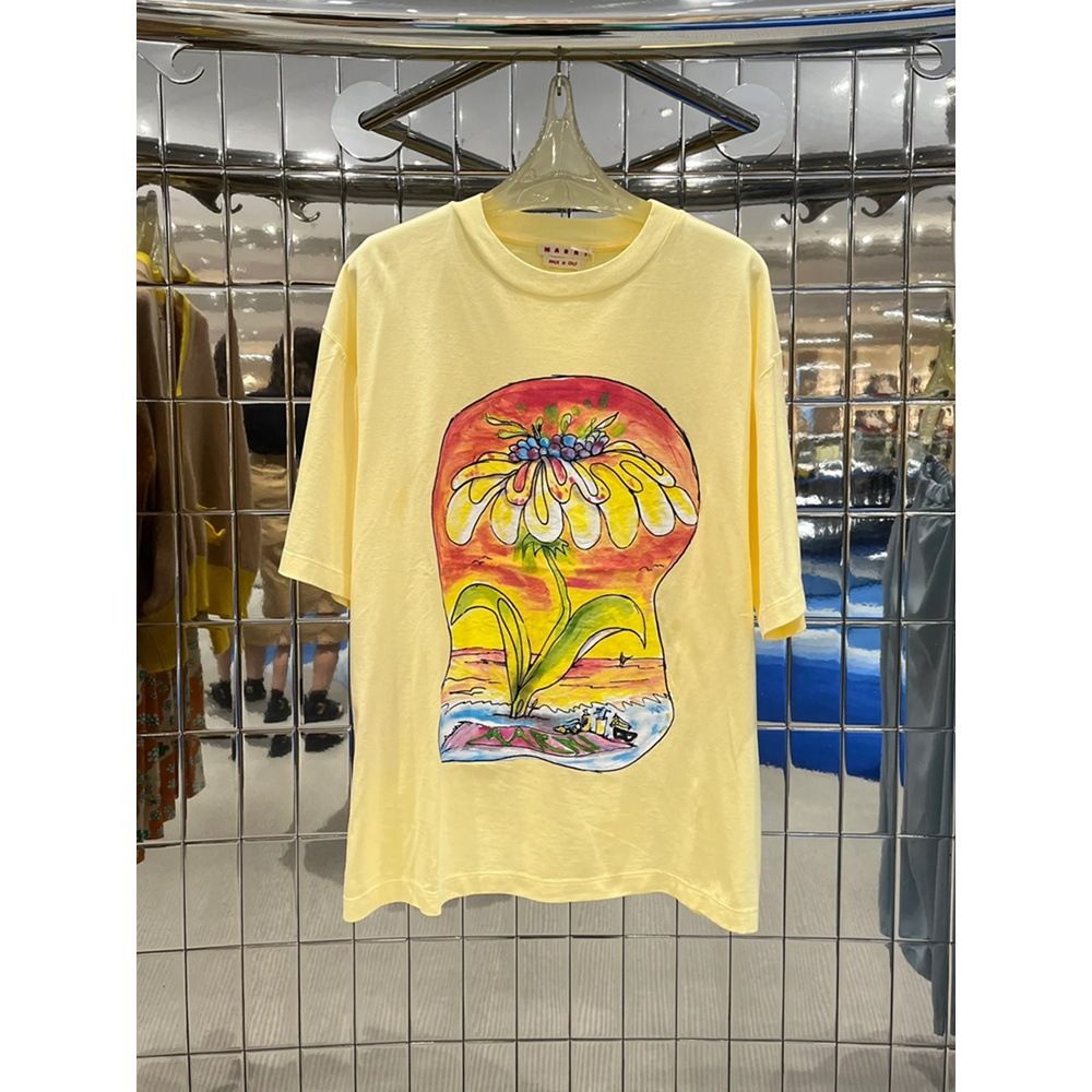 Marni hand drawn floral cartoon pattern short sleeved T-shirt for women with sweet college style loose fitting and slim_viptrois.com