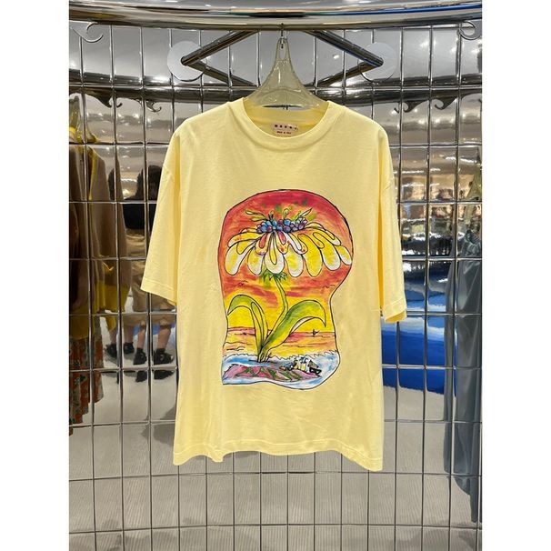 Marni hand drawn floral cartoon pattern short sleeved T-shirt for women with sweet college style loose fitting and slim_viptrois.com