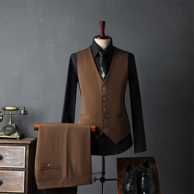 Men's Slim Fit Suit Set - 3 Piece Wedding Tuxedo With Vest, Formal Business Blazer & Pants For Groom, Best Man & Special Occasions (Coffee Brown)_viptrois.com