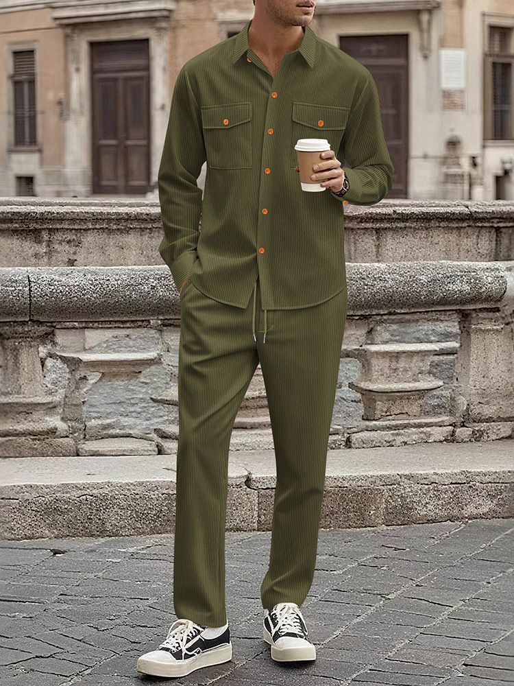 Men's Clothing Men's Corduroy Workwear Set - Long Sleeve Shirt & Relaxed Fit Pants For Casual & Urban Style (Caramel, Black, Army Green, Beige, Gray)_viptrois.com