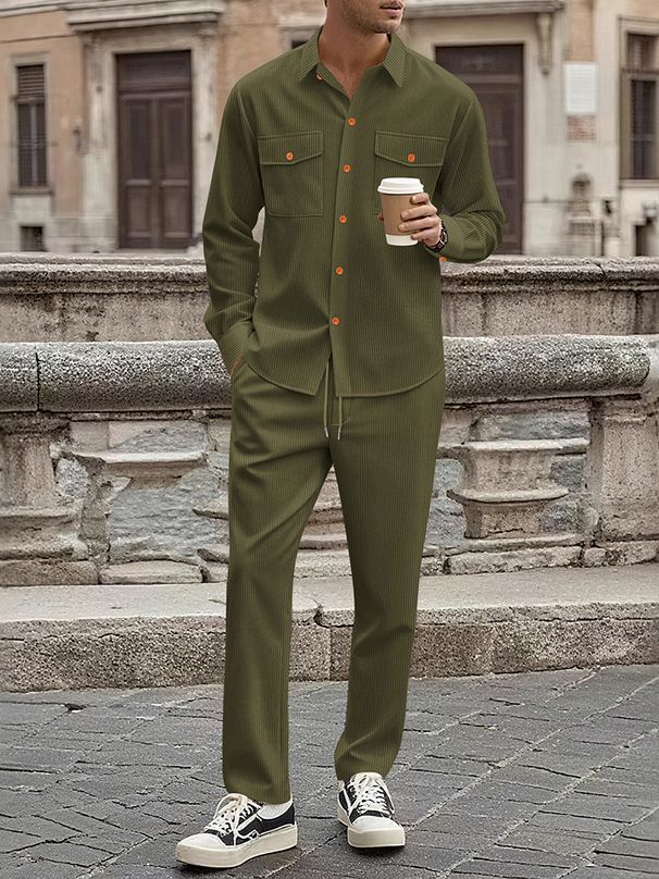 Men's Clothing Men's Corduroy Workwear Set - Long Sleeve Shirt & Relaxed Fit Pants For Casual & Urban Style (Caramel, Black, Army Green, Beige, Gray)_viptrois.com