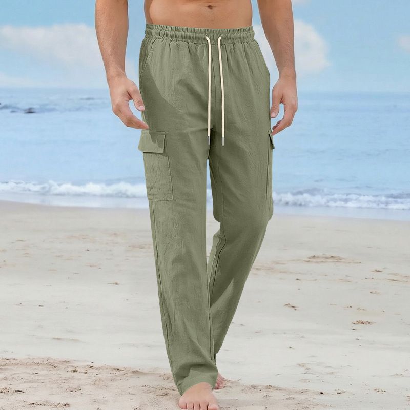 Men's Cargo Trousers 2025 Spring/Autumn mid Waist Straight Leg Linen Multi Pocket Casual Pants Loose Fit Black Standard Thickness_viptrois.com