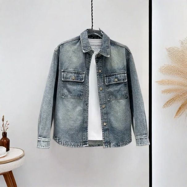 American New Autumn Wasteland Style Men's Trendy Flowing Wash Collar Denim Jacket Casual Hundred_viptrois.com