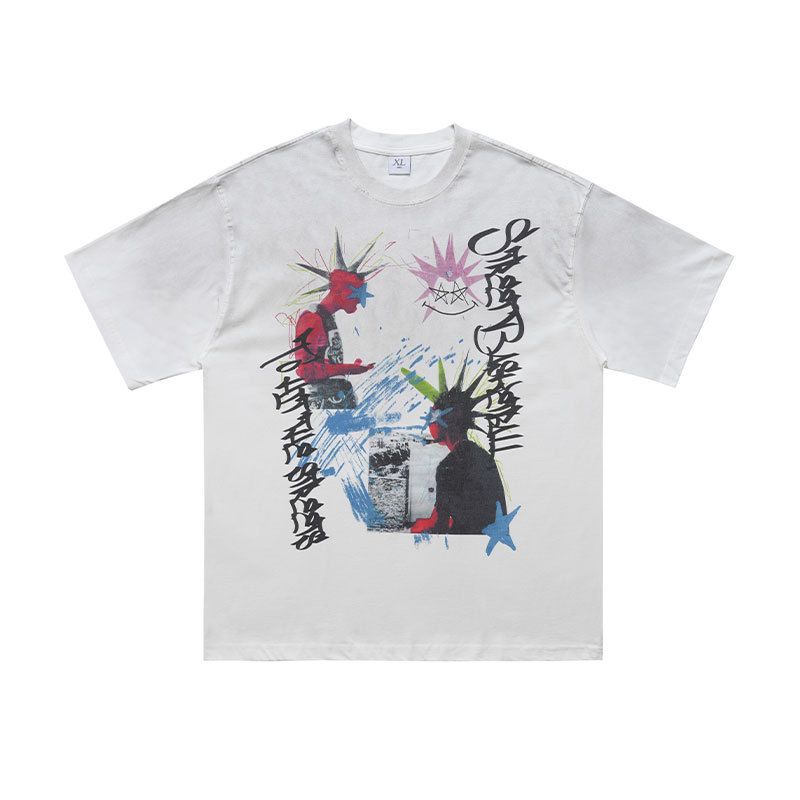 American Street Style Spray-painted Faded Pure Cotton 300g Cartoon Print Men's Loose Casual Short-sleeve Shirt_viptrois.com