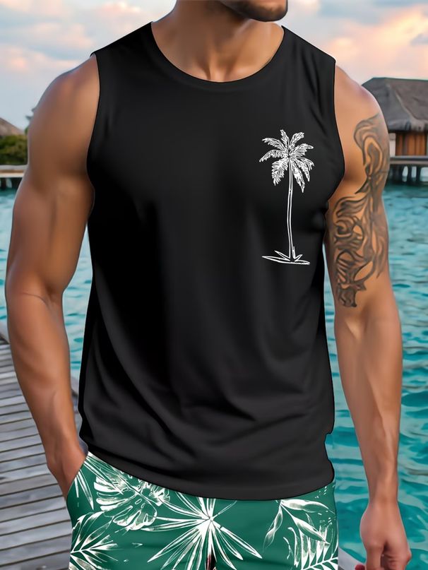 Canotta Uomo Girocollo 180g 100% Cotone Stampa Vacanze Estive Leggera Traspirante Senza Maniche Spiaggia Casual Multicolore_viptrois.com