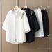 Men's Summer Waffle Texture Set Short Sleeve Shirt Loose Fit Korean Style Bamboo Leaf Embroidery Casual Two-Piece Outfit_viptrois.com
