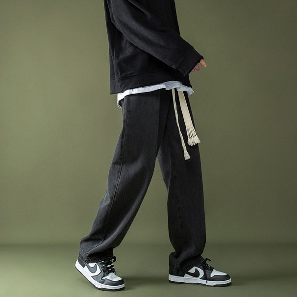 Drawstring Elastic Jeans Men's Retro Loose Casual Straight Trendy Brand Wide-leg Large-size Trousers_viptrois.com