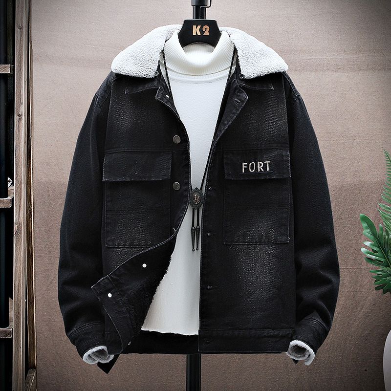 Men's Clothing Plus Velvet Thickened Denim Jacket Men's Youth Casual Fashion Coat Warm Trendy Cotton Coat_viptrois.com