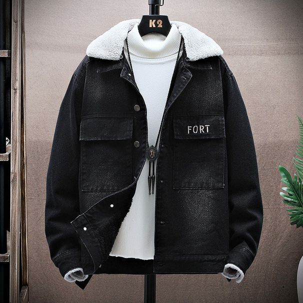 Men's Clothing Plus Velvet Thickened Denim Jacket Men's Youth Casual Fashion Coat Warm Trendy Cotton Coat_viptrois.com