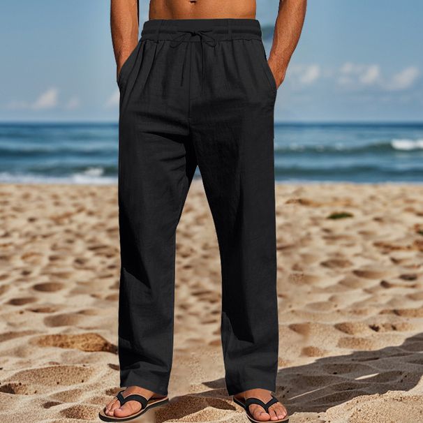 Men's Clothing Casual Beach Pants Trend Button Style Loose Skin Friendly Breathable Sports Linen Trousers_viptrois.com