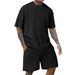 Men's Clothing Sports Solid Color Round Neck Pullover Vertical Striped T Shirt Shorts Short Sleeves Two Piece Suit_viptrois.com