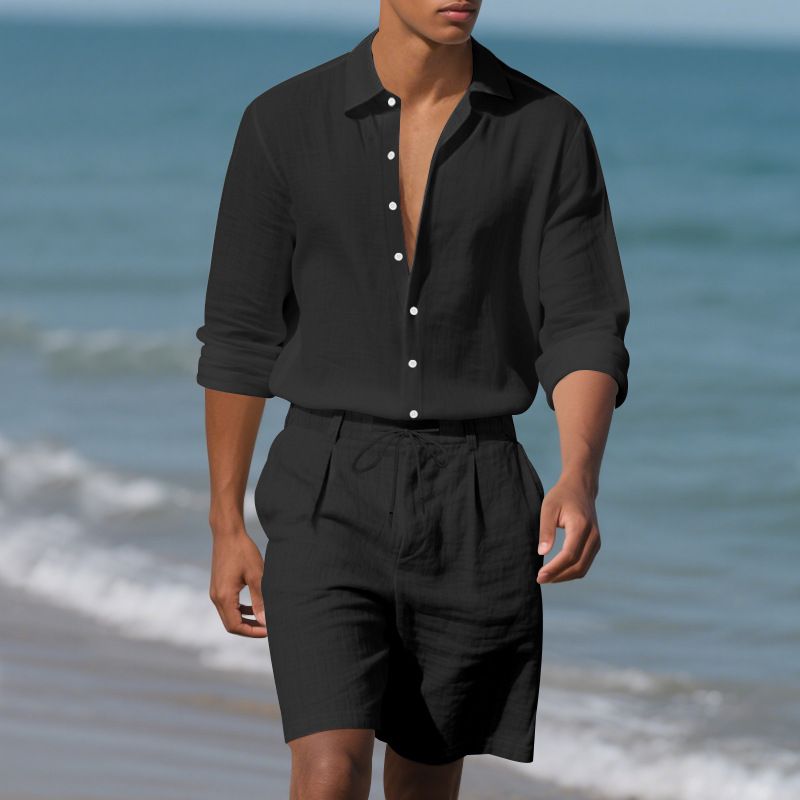 Men's Clothing Men's Summer New Loose Trend Linen Solid Color Simple Long Sleeved Shirt Beach Shorts Suit_viptrois.com
