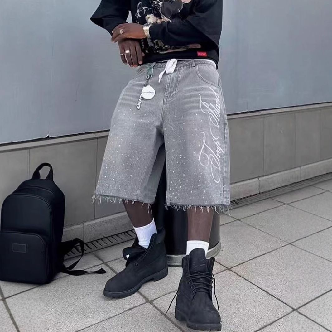Men's Clothing Retro Washed High Street Denim Shorts Straight Wide Leg Distressed Loose Casual Versatile Cropped Pants_viptrois.com