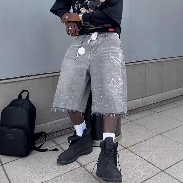 Men's Clothing Retro Washed High Street Denim Shorts Straight Wide Leg Distressed Loose Casual Versatile Cropped Pants_viptrois.com