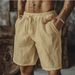 Men's Clothing New Cotton And Linen Shorts Drawstring Elastic Waist Straight Leg Solid Color Breathable Daily Beach Five Point Casual Shorts_viptrois.com