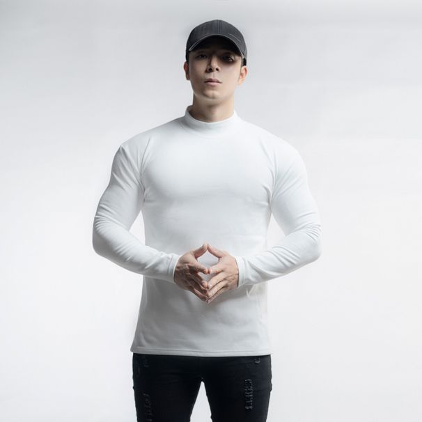 Men's Thermal Long Sleeve T-Shirt For Running & Gym - Breathable Double-Layer Fleece, Round Neck & High Neck, Solid Colors (Black/White/Gray/Khaki)_viptrois.com