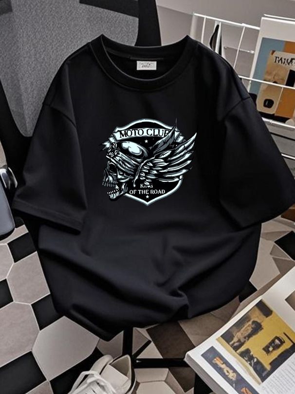 King Of The Road Motorcycle Skull Biker Mens Cotton T-Shirt Tee Top Comfortable Breathable Unisex Homme Versatile Slightly Stylish Graphic_viptrois.com