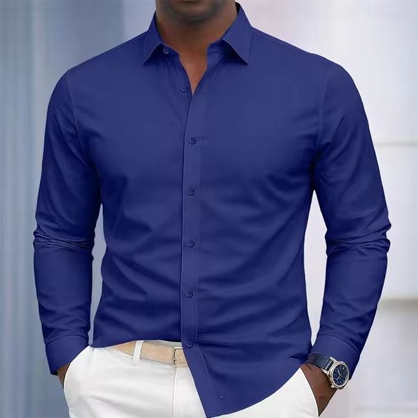 Classic Fit Men's Casual Shirt Long Sleeve Button Down Collar Solid Color Comfort Stretch Fabric For Daily Wear & Business Casual_viptrois.com