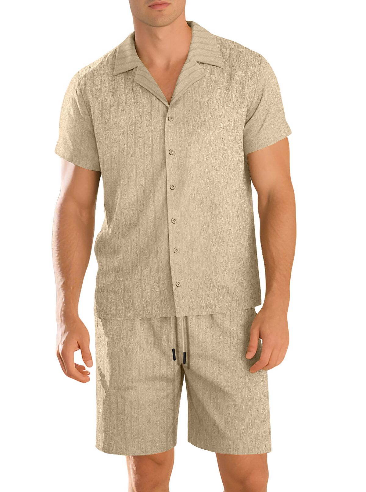 Men's Casual Button-Up Short Sleeve Shirt & Drawstring Shorts Set – Breathable Summer Beach & Office Wear (Lightweight Travel Outfit)_viptrois.com