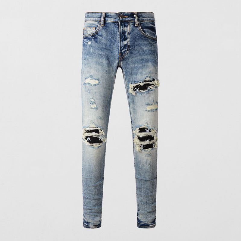 Men's Clothing Street Fashion Men's Jeans Distressed Light Blue Patch Hip Hop Slightly Elastic Slim Fit Skinny Jeans Men's Trend_viptrois.com