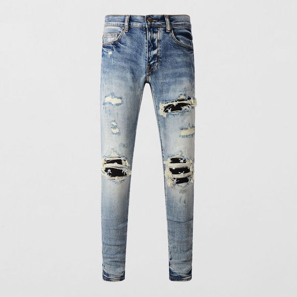 Men's Clothing Street Fashion Men's Jeans Distressed Light Blue Patch Hip Hop Slightly Elastic Slim Fit Skinny Jeans Men's Trend_viptrois.com