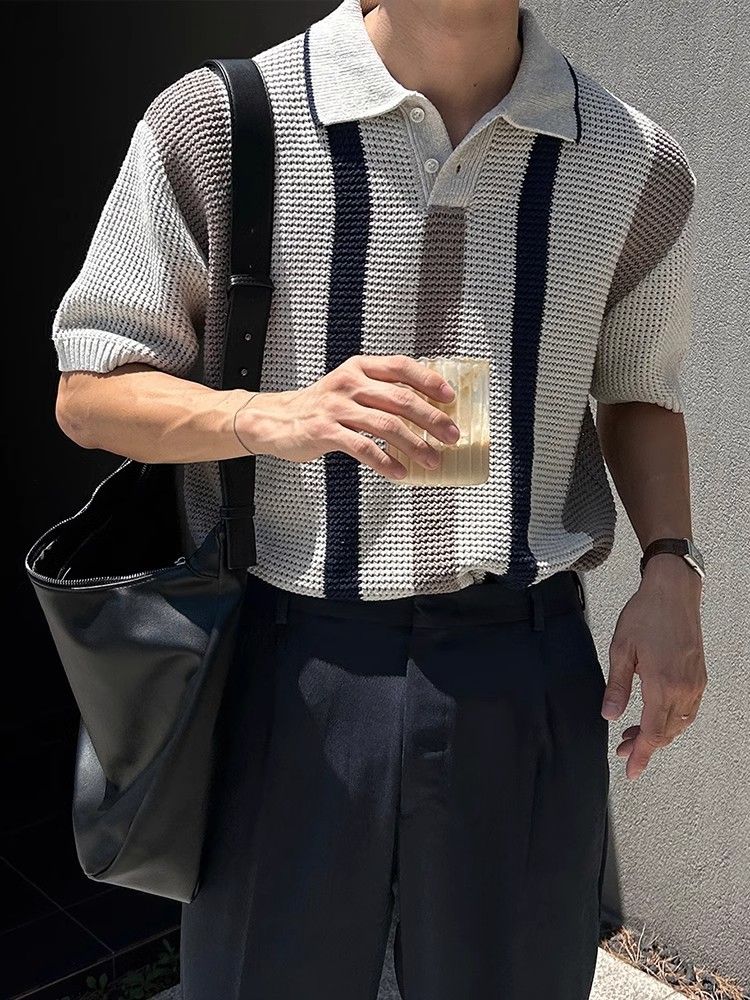 Men's Clothing Summer Ins Hollow Striped Color Knitted Polo Shirt Boys Niche Short Sleeved Tops_viptrois.com