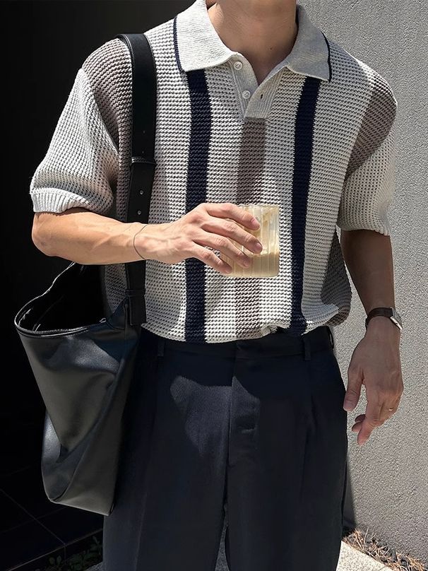 Men's Clothing Summer Ins Hollow Striped Color Knitted Polo Shirt Boys Niche Short Sleeved Tops_viptrois.com
