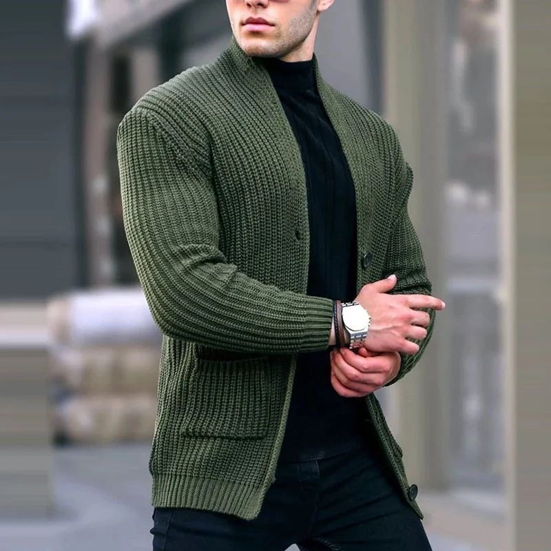 Clothing European American Fashion Cardigan Long-Sleeved Loose Solid Color Pocket Button Slim Fit Men's Autumn And_viptrois.com