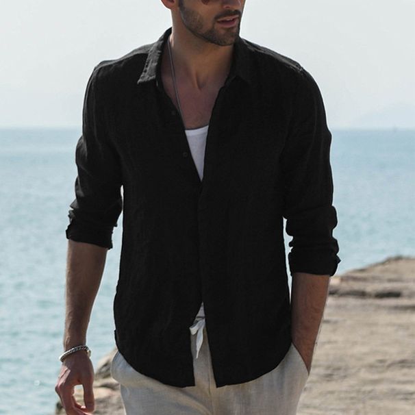 Man's Clothing Men's Shirt Casual Shirt Solid Color Single-breasted Cotton Linen Long-sleeved Shirt_viptrois.com