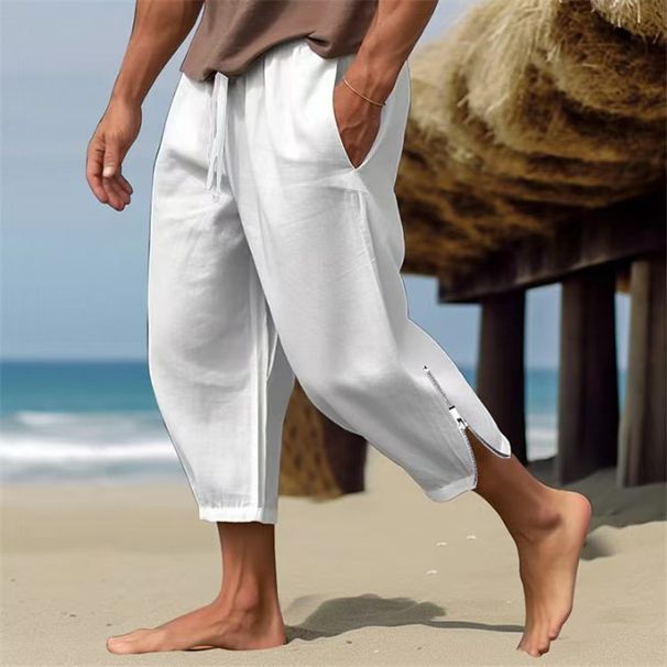 Cross-Border European And American Summer Loose Cotton Linen Nine-Point With Zipper Decoration, Solid Color Versatile_viptrois.com