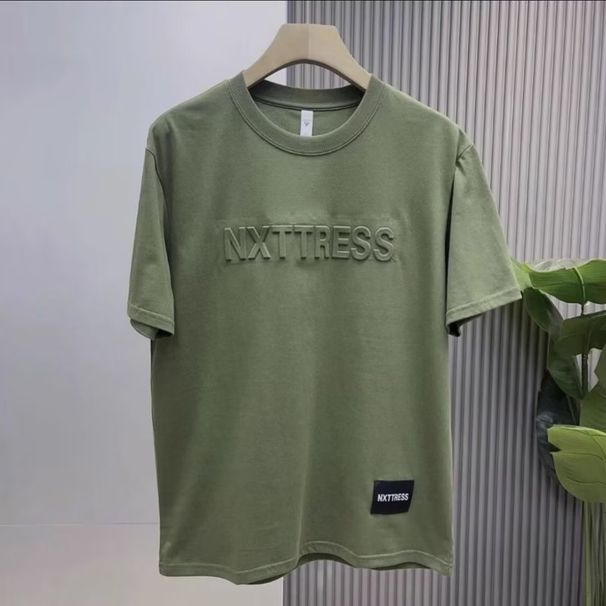 Men's Clothing Summer Pure Cotton Three Dimensional Letter Short Sleeved Textured T Shirt Men's Handsome Loose Bottoming Shirt Steel Print Trendy Half_viptrois.com