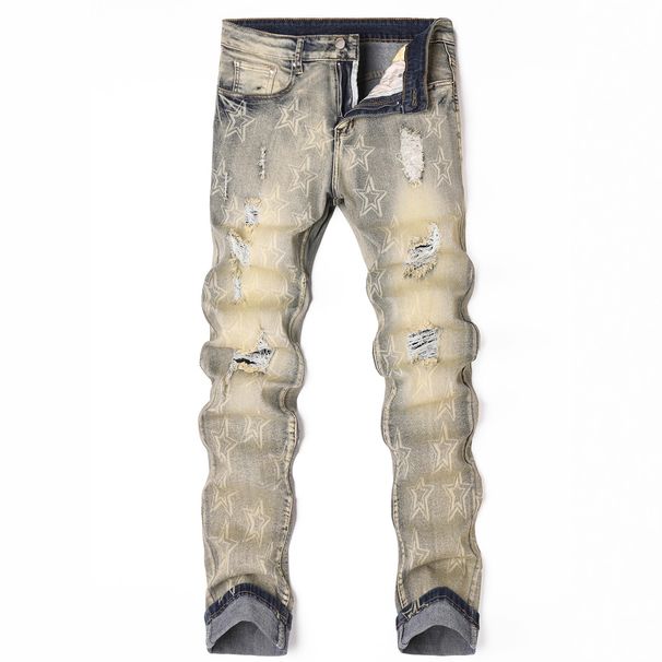 Loom Loom Men's Jeans Vintage Print Stretch Straight European And American Personalized Random Pattern Nostalgic Ripped Casual_viptrois.com
