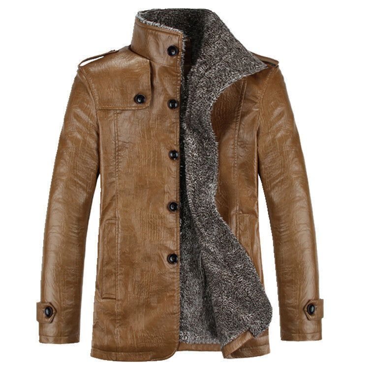 Men's Clothing Men's Winter PU Washed Leather Jacket With Fleece Lining, Stand Collar, Slim Fit, Business Casual, Plus Size (Black, Coffee, Khaki)_viptrois.com